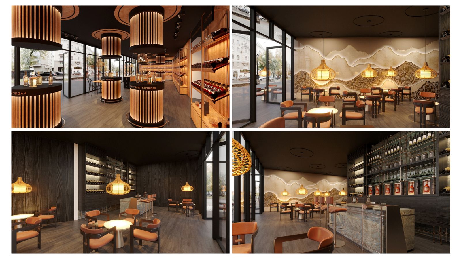 Retail interior, barrel-inspired display walls