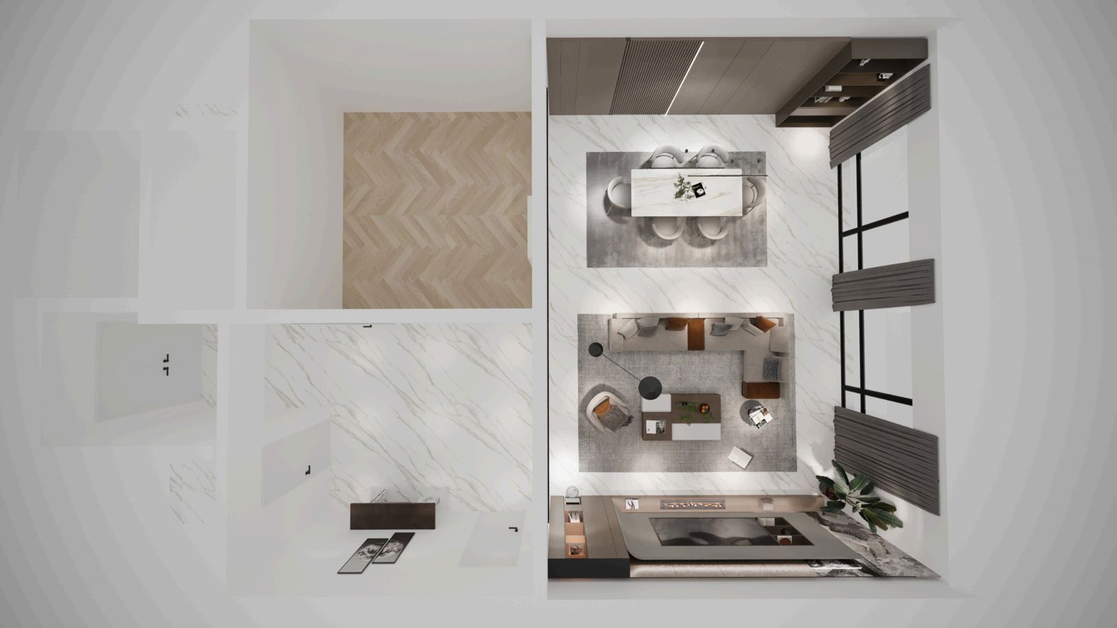 Living and dining 403, overhead view
